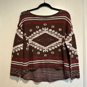 Women’s Brown Aztec Southwest Tribal Boho Boat Neck Knit Pullover Sweater.